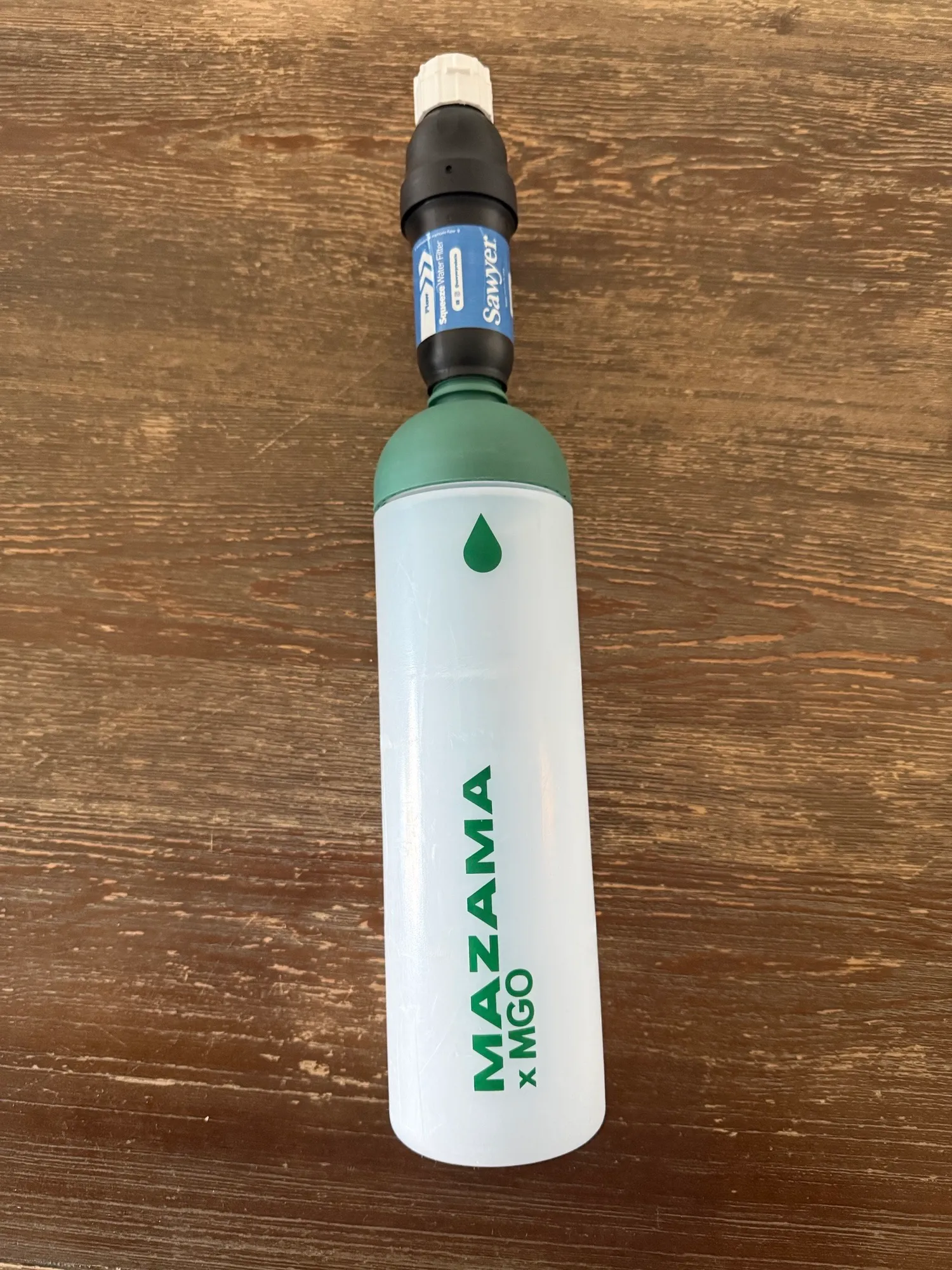 My Sawyer Squeeze filter threaded onto my Mazama x MGO water bottle
